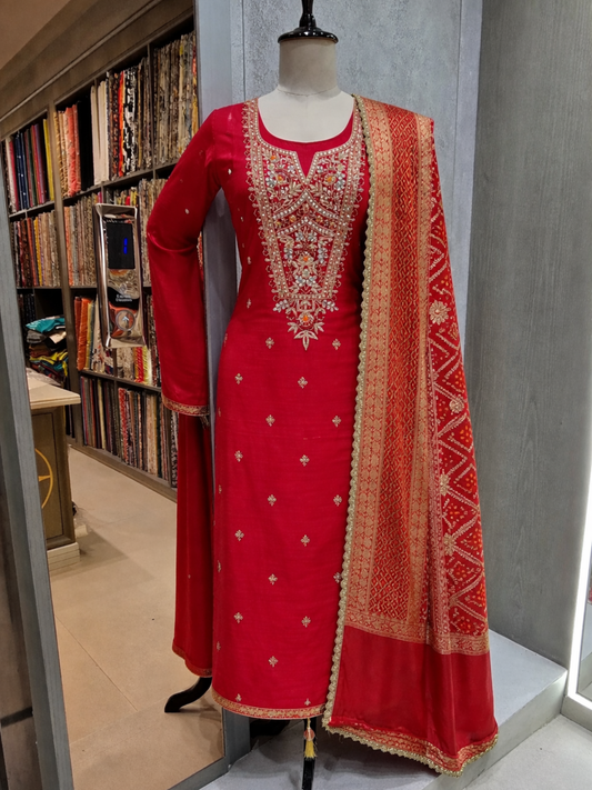 Silk handworked dress material with banarasi dupatta