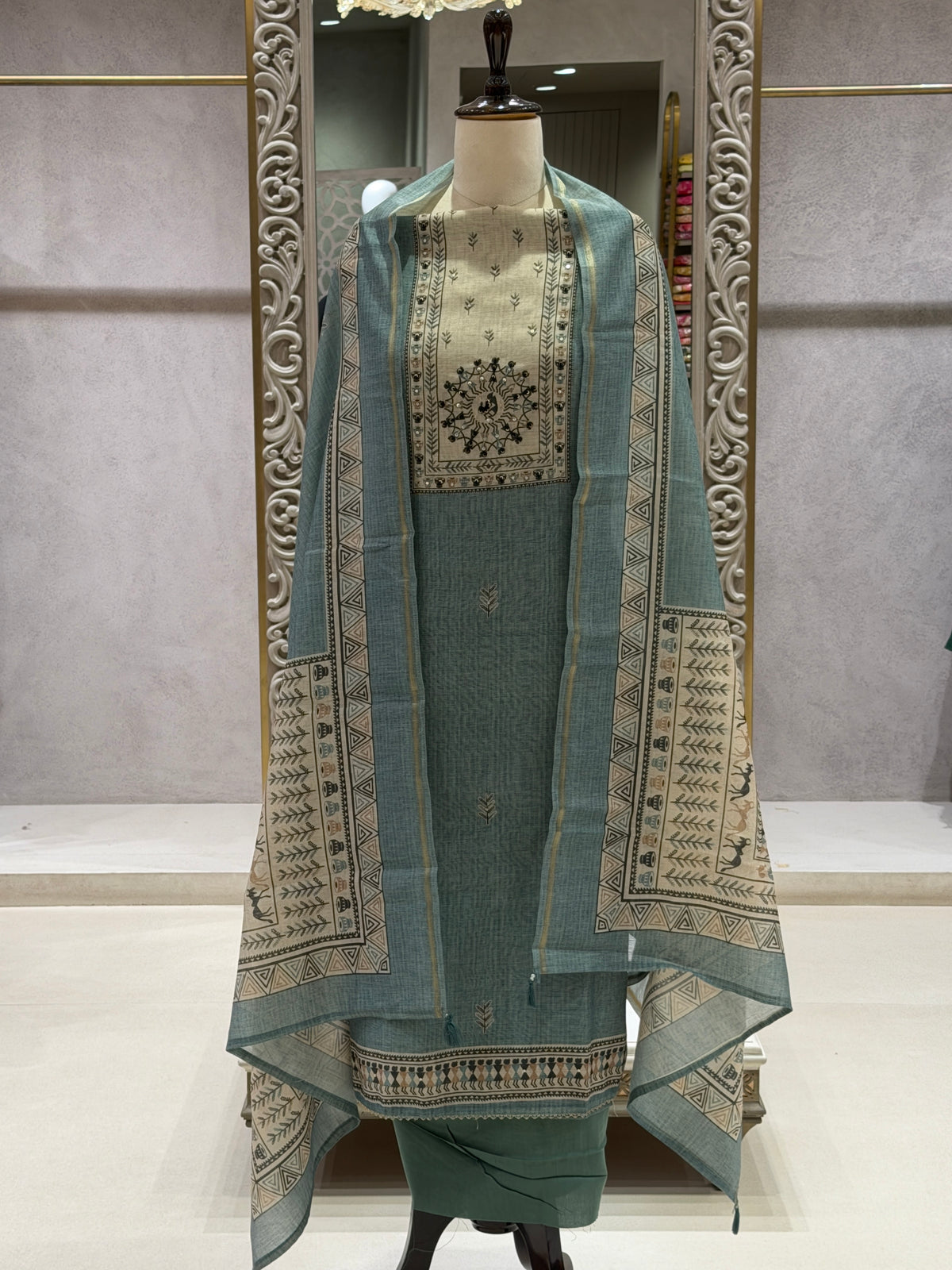 CHANDERI SILK PRINTED DRESS MATERIAL WITH HANDWORK