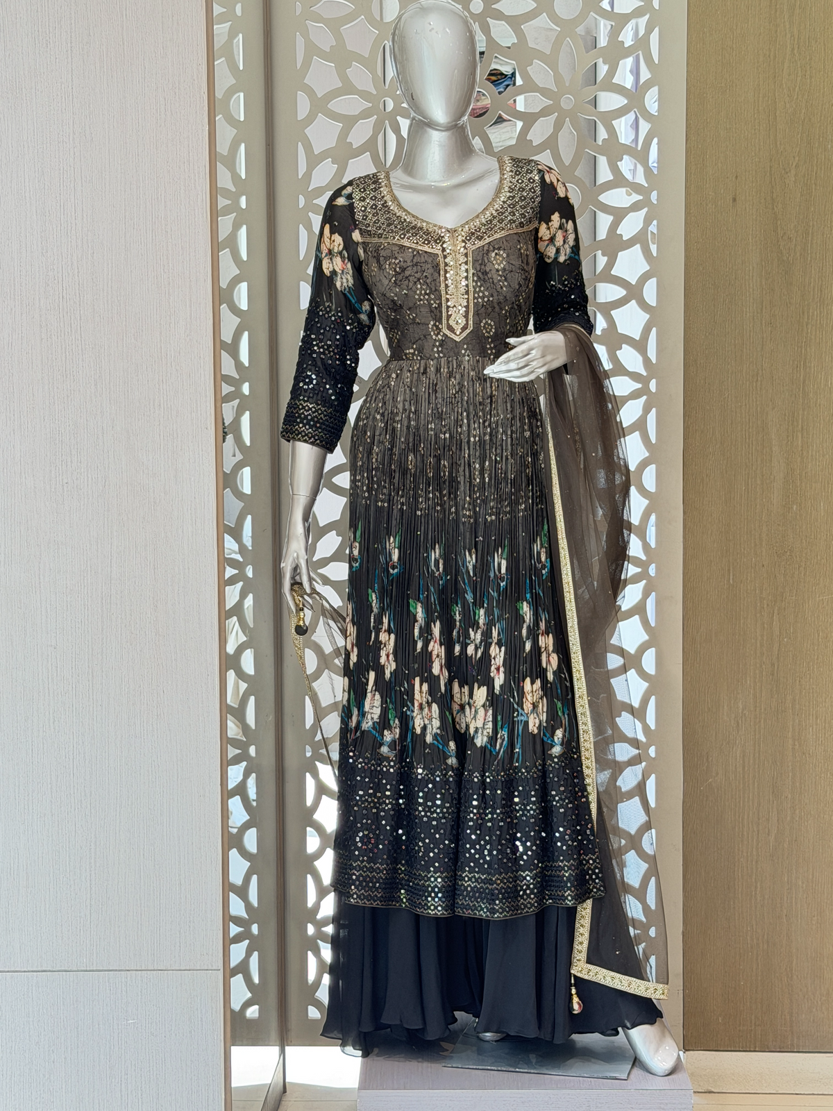 Charcoal Black Pleated Anarkali Sharara Set