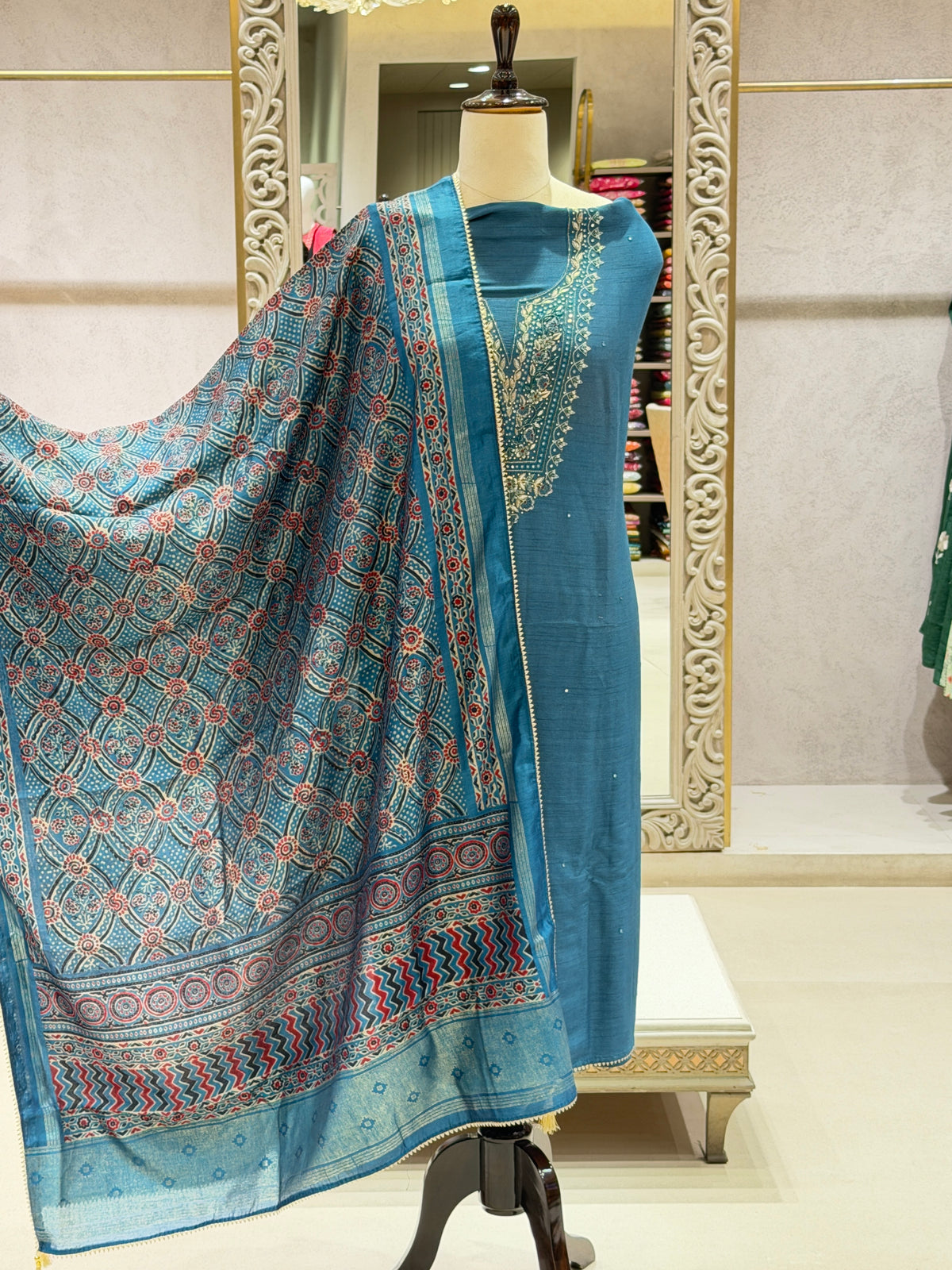 Regal Chanderi Silk Embroidered Dress Material with Ajrakh Dupatta