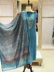 Regal Chanderi Silk Embroidered Dress Material with Ajrakh Dupatta