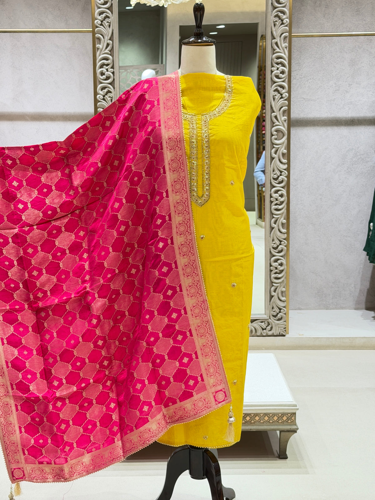 Vibrant Chanderi Silk Embroidered Dress Material with Banarasi Dupatta