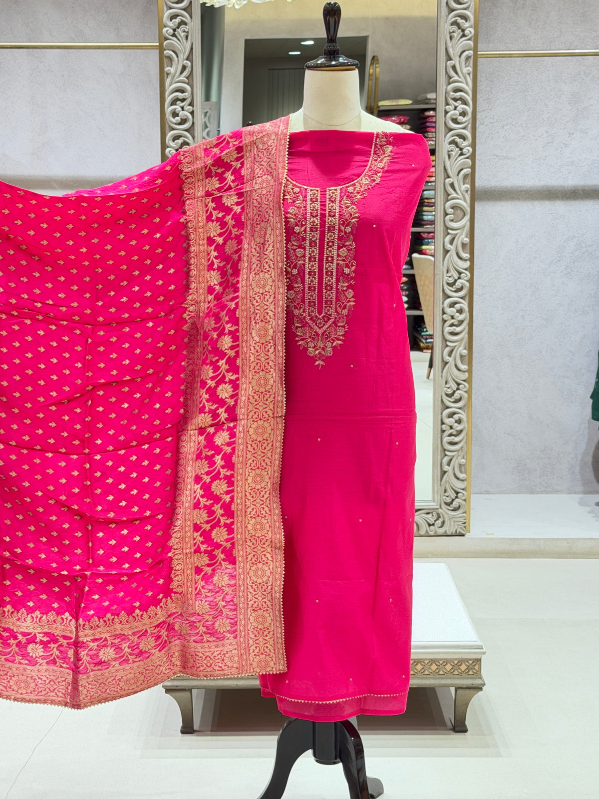 Opulent Rani Pink Chanderi Silk Dress Material with Banarasi Dupatta