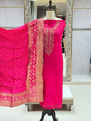 Opulent Rani Pink Chanderi Silk Dress Material with Banarasi Dupatta
