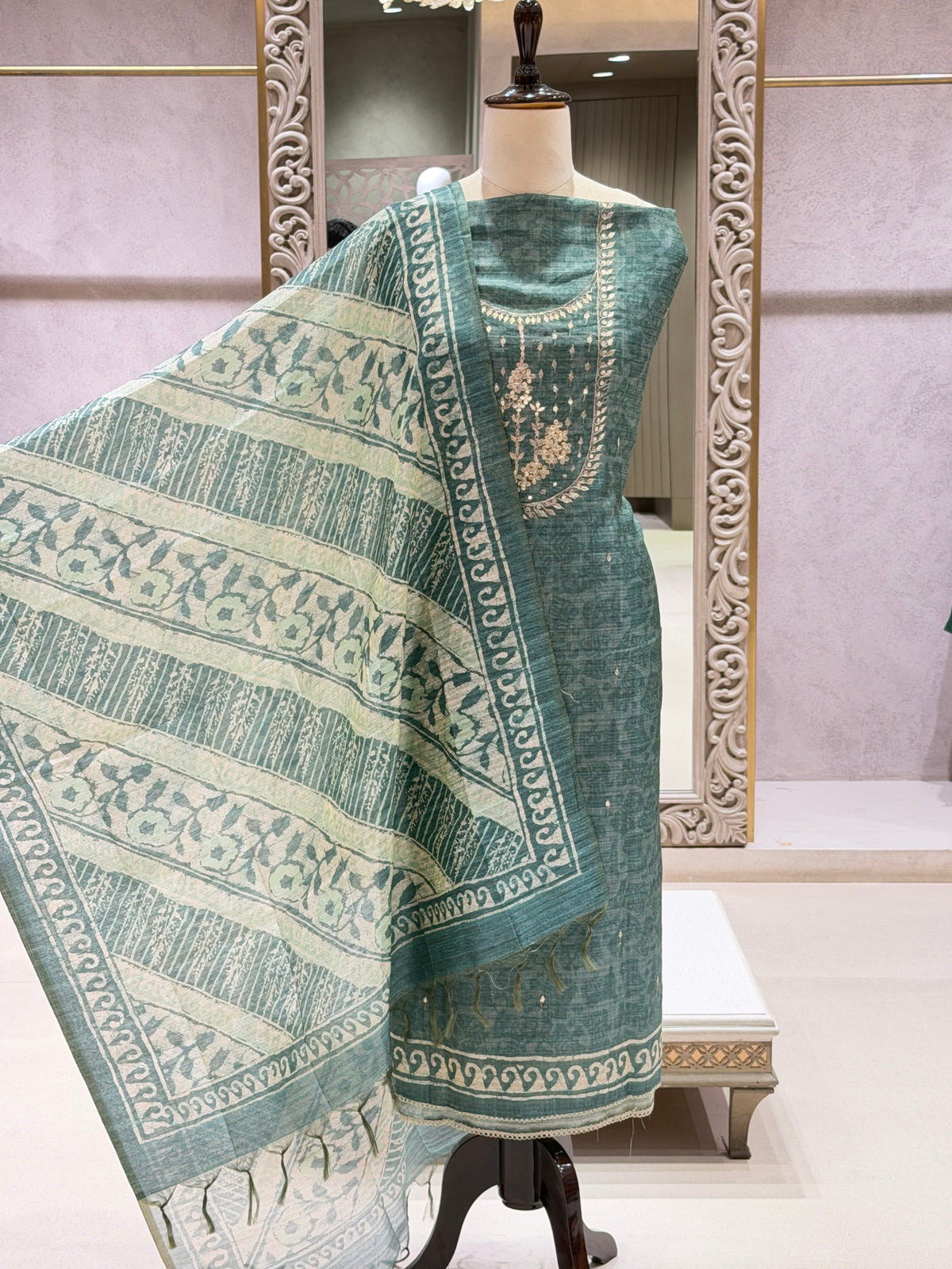 Banarasi Chanderi Silk Printed Dress Material with Gota Patti Work