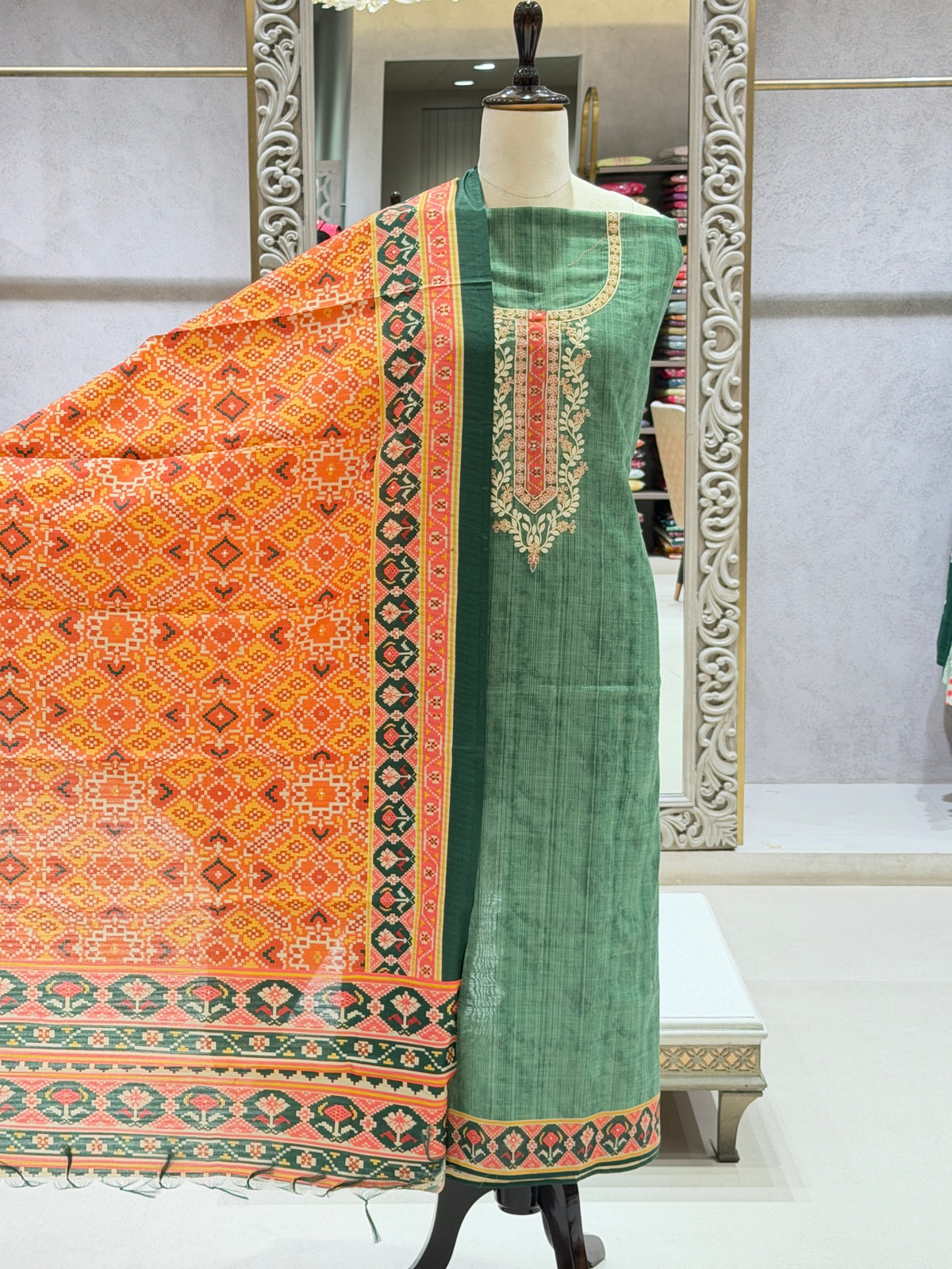Stunning Mehendi Green Chanderi Silk Dress Material with Patola Dupatta