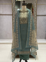 CHANDERI SILK PRINTED DRESS MATERIAL WITH HANDWORK