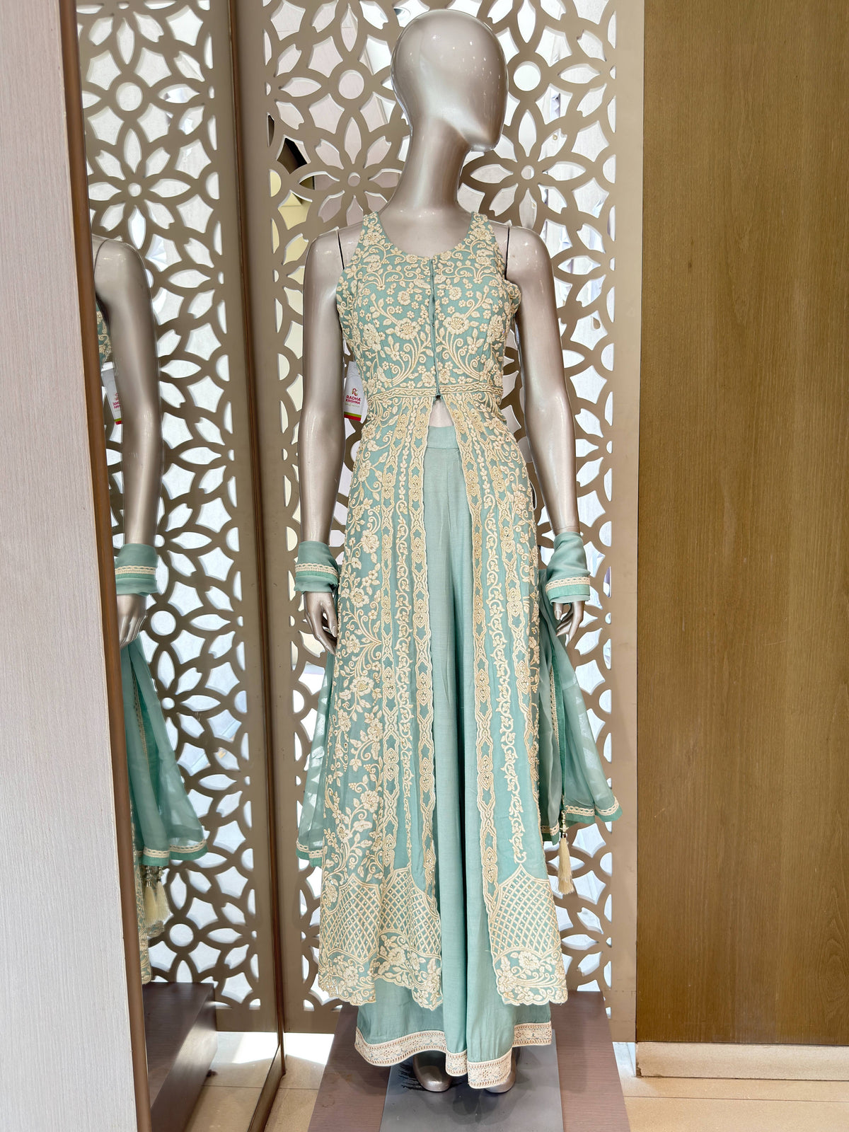Pastel Sea Green Heavily Embroidered Slit Jacket & Palazzo Set