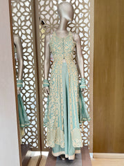 Pastel Sea Green Heavily Embroidered Slit Jacket & Palazzo Set