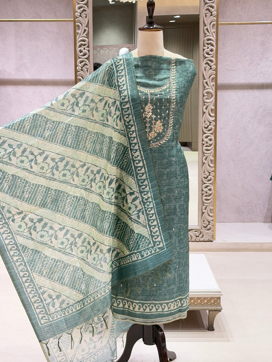 Banarasi Chanderi Silk Printed Dress Material with Gota Patti Work