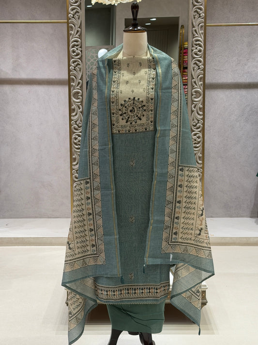 CHANDERI SILK PRINTED DRESS MATERIAL WITH HANDWORK