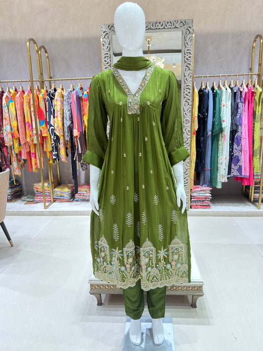 Olive Green Silk Embroidered A-Line Dress Set