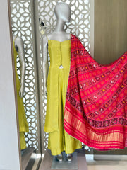 Lime Green Slit Dress with Patola & Bandhani Dupatta