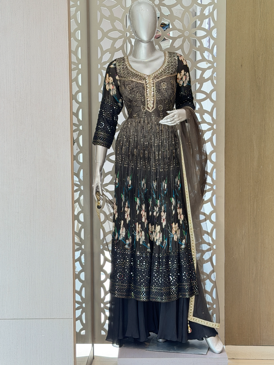 Charcoal Black Pleated Anarkali Sharara Set